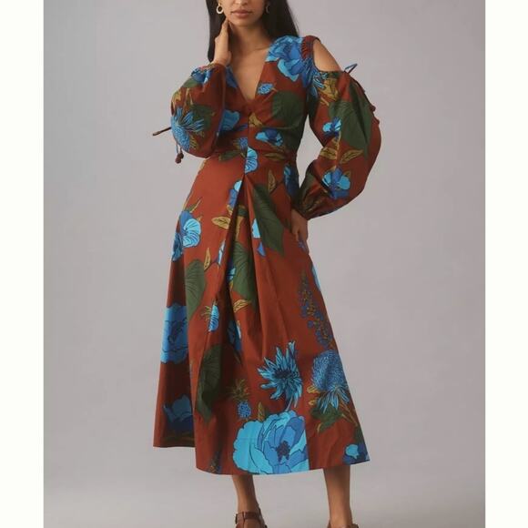 Farm Rio x Anthropologie Long-Sleeve V-Neck Midi Dress Size XS - Picture 1 of 4